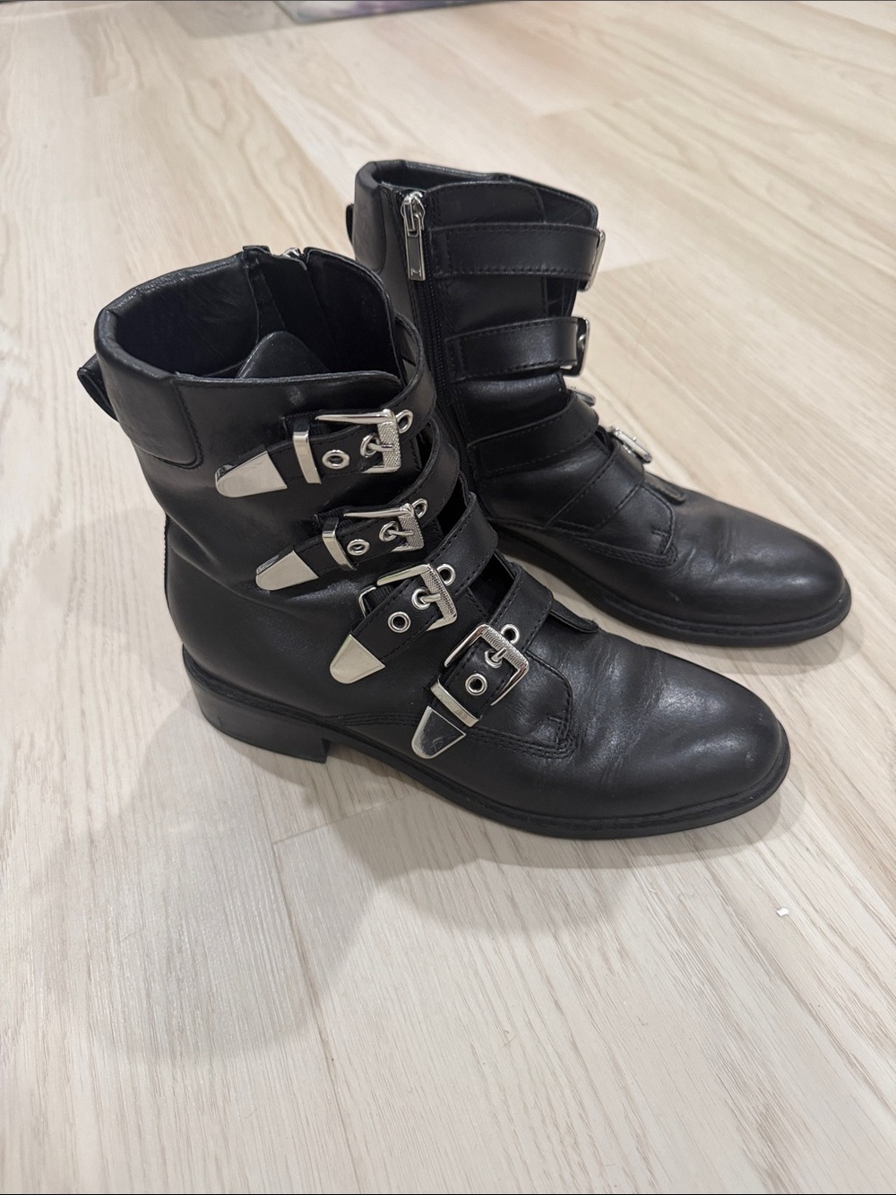 Marc Fischer Black Leather Buckle Ankle Combat Boots